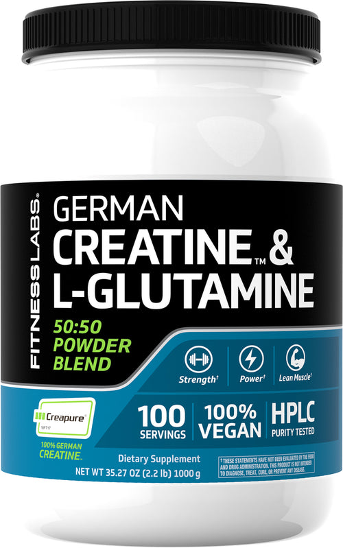 German Creatine Monohydrate (Creapure) & L-Glutamine Powder (50:50 Blend), 10 grams (per serving), 2.2 lb (1000 g) Bottle