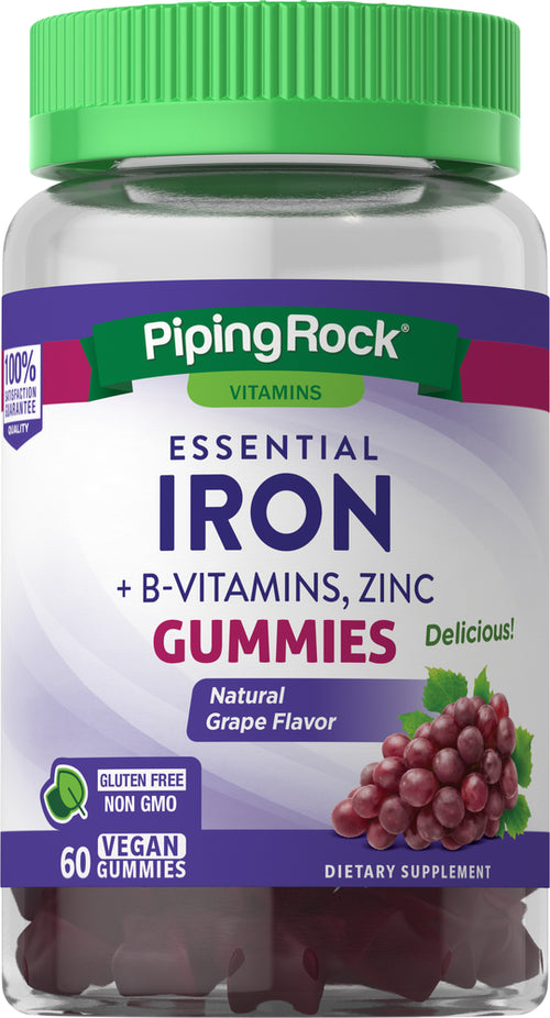 Essential Iron + B-Vitamins, Zinc Gummies (Natural Grape), 60 Vegan Gummies