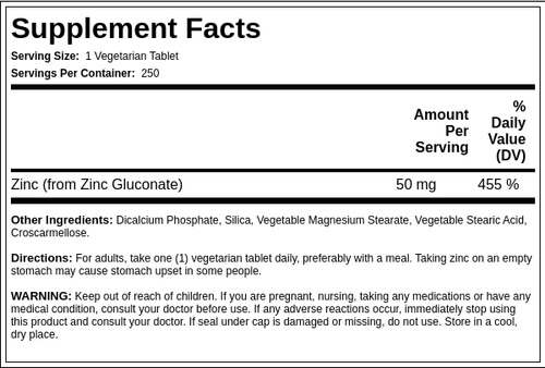 Gluconato de cinc 50 mg 250 Tabletas vegetarianas     