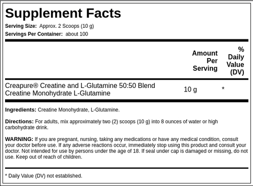 German Creatine Monohydrate (Creapure) & L-Glutamine Powder (50:50 Blend), 10 grams (per serving), 2.2 lb (1000 g) Bottle