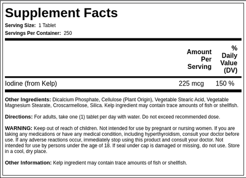 Kelp with Iodine, 225 mcg, 250 Tablets