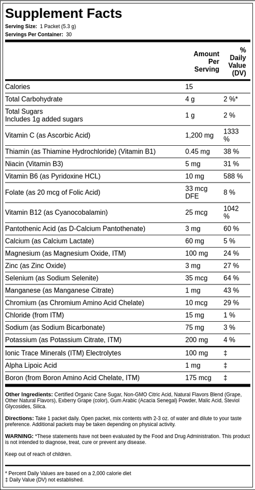 Vitamina C en polvo Power Pak (Sabor Concord Grape) 1200 mg 30 Paquetes     