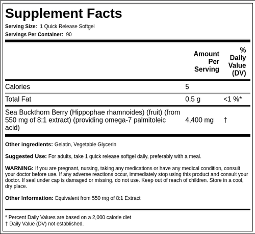 Sea Buckthorn Oil with Omega-7, 4400 mg, 90 Quick Release Softgels