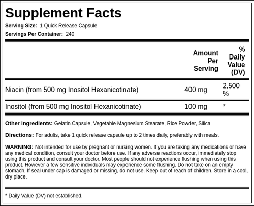 Niacina sin enrojecimiento de la piel  500 mg 240 Cápsulas de liberación rápida     