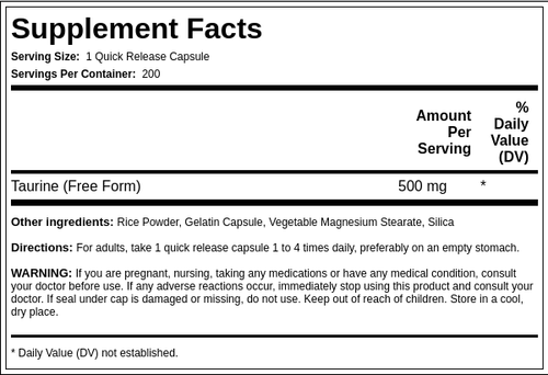 Taurina  500 mg 200 Cápsulas de liberación rápida     