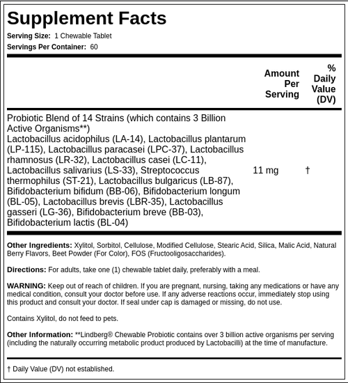 Comprimidos masticables con probióticos, 3000 millones de organismos y 14 cepas (sabor natural a baya) 60 Tabletas masticables       