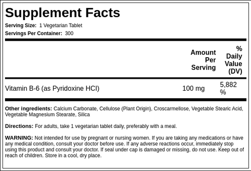 B-6 (Pyridoxine), 100 mg, 300 Tablets