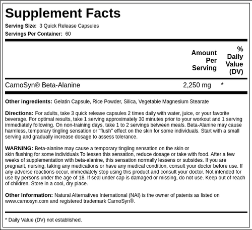 Beta Alanine, 2250 mg (per serving), 180 Quick Release Capsules