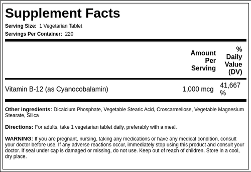 B-12, 1000 mcg, 220 Tablets