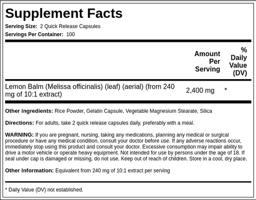 Melissa (Lemon Balm), 2400 mg (per serving), 200 Quick Release Capsules