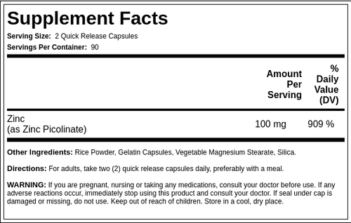 Zinc Picolinate, 100 mg (per serving), 180 Capsules