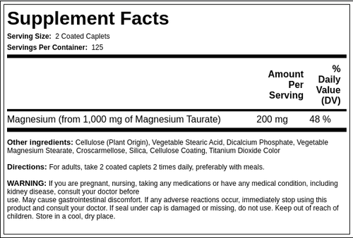 Magnesium Taurate, 1000 mg (per serving), 250 Coated Caplets