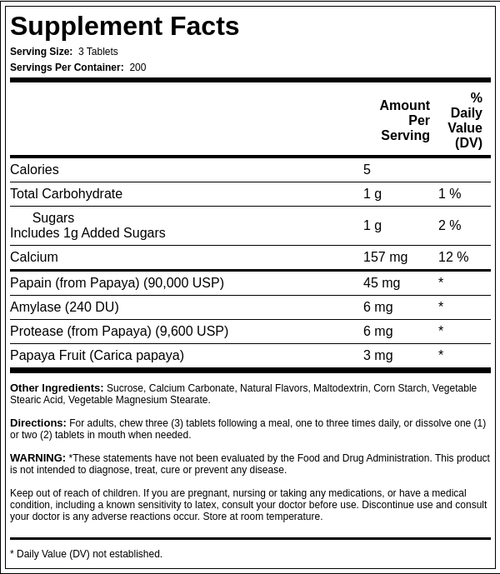 Comprimidos masticables de enzimas de papaya  600 Tabletas masticables       