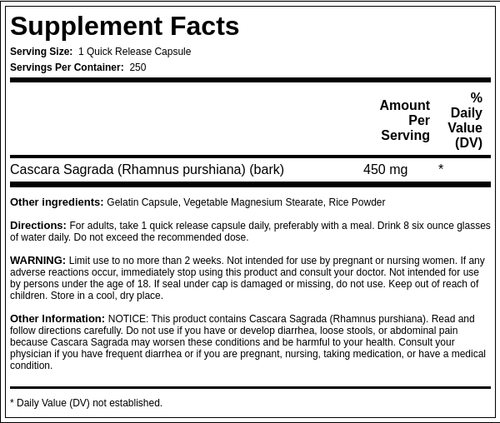 Cascara Sagrada, 450 mg, 250 Quick Release Capsules