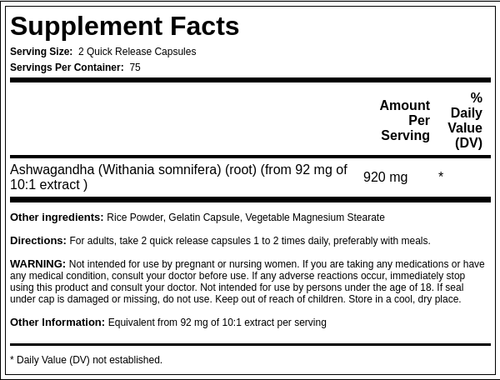 Ashwagandha Root, 920 mg (per serving), 150 Quick Release Capsules