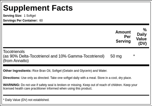 Vitamina E Tocotrienoles 50 mg, sin soya 60 Perlas       