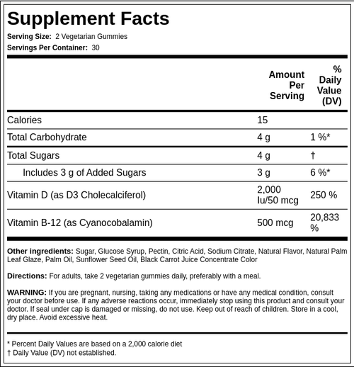 Vitaminas D3 y B12 (sabor natural a fresa) 60 Vegetariska gummies       