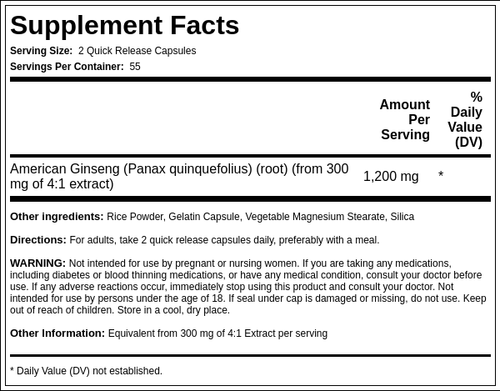 American Ginseng, 1200 mg (per serving), 110 Quick Release Capsules