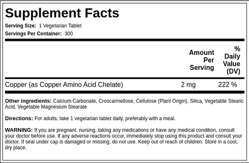 Chelated Copper (Amino Acid Chelate), 2 mg, 300 Tablets