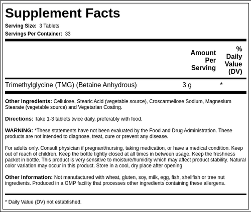 TMG, 1000 mg, 100 Tablets