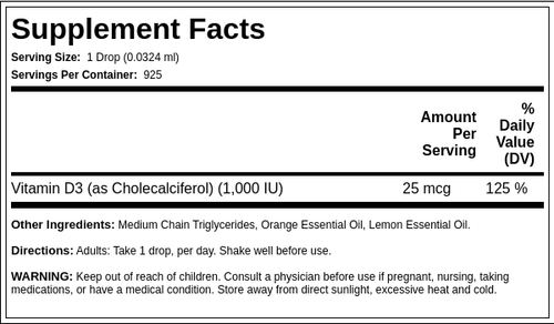 Vitamina D3 en líquido 1000 IU (por gota) 1 fl oz 30 mL Botella/Frasco    