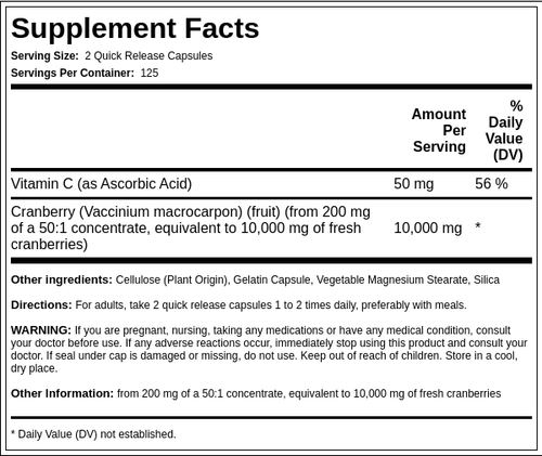 Concentrado de arándanos rojos + vitamina C 10,000 mg (por porción) 250 Cápsulas de liberación rápida     