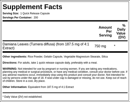 Hojas de damiana  750 mg 200 Cápsulas de liberación rápida     