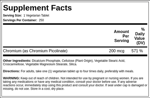 Chromium Picolinate, 200 mcg, 250 Vegetarian Tablets