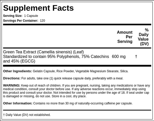 Green Tea Standardized Extract, 600 mg, 120 Capsules