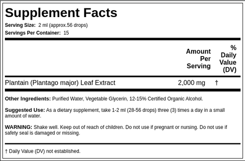 Plantain Leaf (Plantago Major), 2000 mg, 1 fl oz (30ml) Dropper Bottle