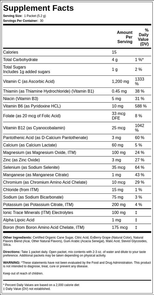 Vitamina C en polvo Power Pak (baya azaí) 1200 mg 30 Paquetes     