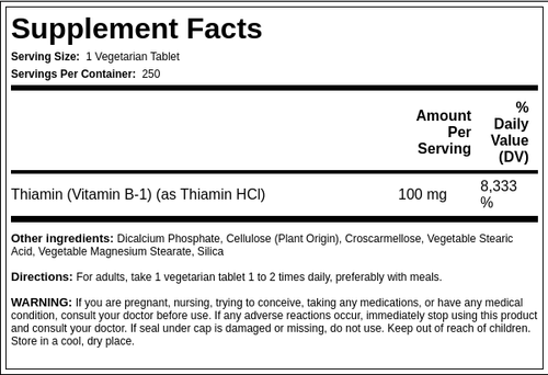 B-1 (Thiamin), 100 mg, 250 Tablets