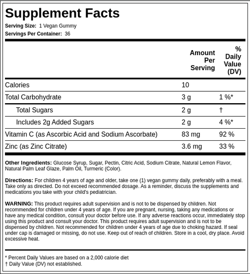 Kids Vitamin C + Zinc (Natural Lemon), 36 Vegan Gummies