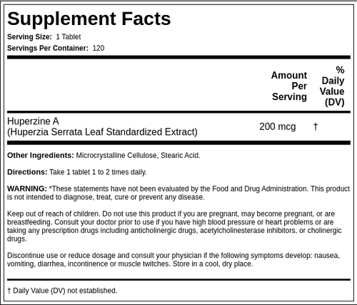 Huperzine A, 200 mcg, 120 Tablets