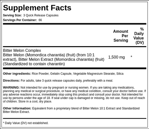 Momordica Bitter Melon, 1500 mg (per serving), 200 Quick Release Capsules