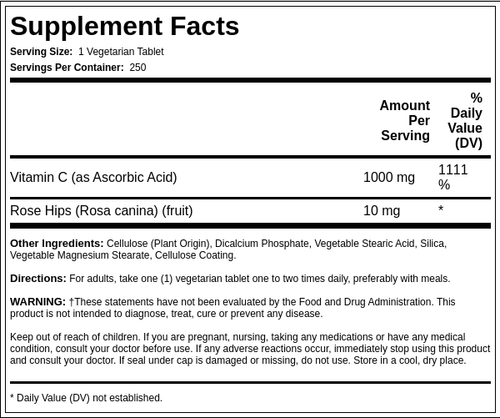 Vitamina C 1000 mg con bioflavonoides y escaramujos de liberación prolongada 250 Tabletas vegetarianas       