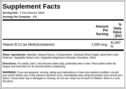 Methylcobalamin B-12 (Sublingual), 1000 mcg, 400 Fast Dissolve Tablets