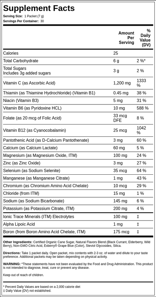 Vitamina C en polvo Power Pak (Sabor a surtido de bayas) 1200 mg 30 Paquetes     