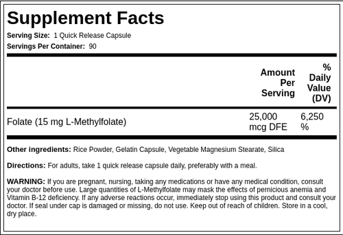 Comprimidos de L-metilfolato, 1000 mcg 15 mg 90 Cápsulas de liberación rápida     