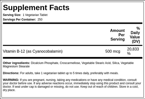 B-12, 500 mcg, 250 Tablets