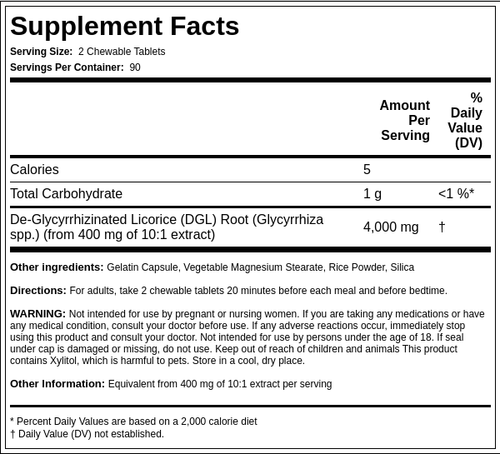 DGL Licorice Root Chewable Mega Potency (Deglycyrrhizinated), 4000 mg (per serving), 180 Chewable Tablets